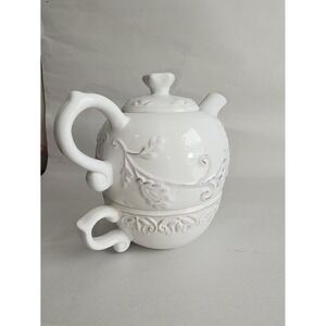 Dena Home Tea For One Set White Embossed Floral Ceramic Teapot and Cup